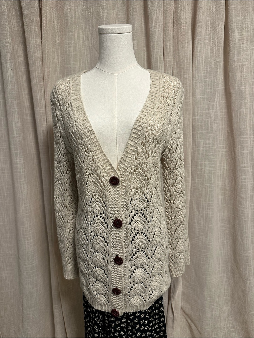 FILO Cream Openwork Button-Front Women's Cardigan Sweater